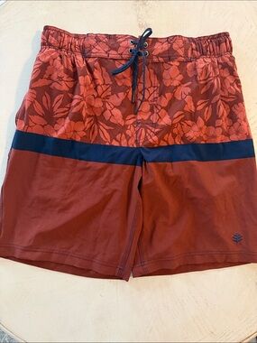 Coolibar Men's Rust Red Floral Stripe Swim Trunks size Medium